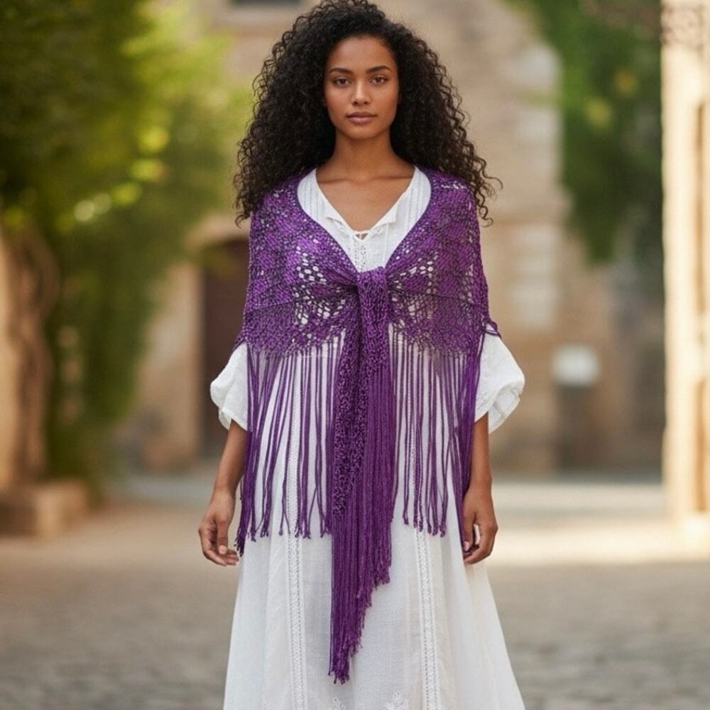 Unbranded Boho Ribbon Shawl woven, crocheted and fringed Purple